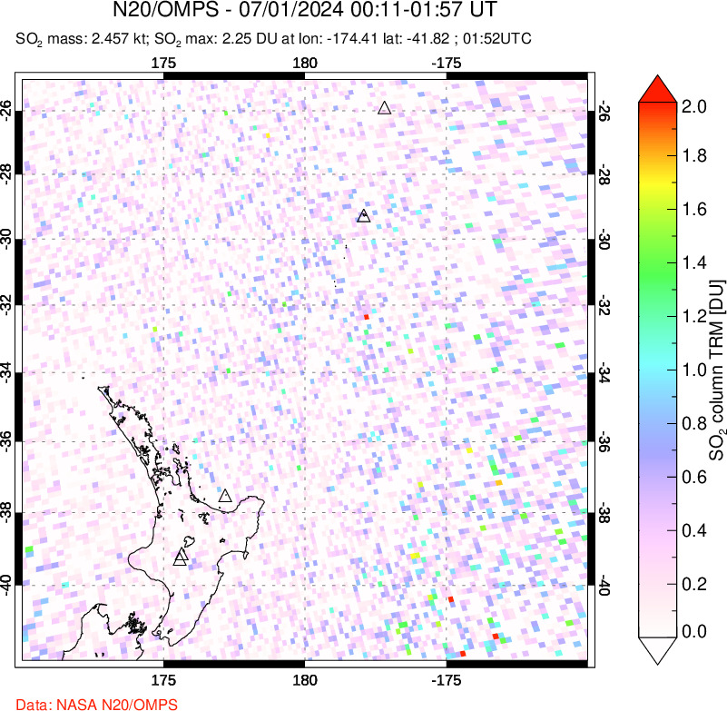 A sulfur dioxide image over New Zealand on Jul 01, 2024.