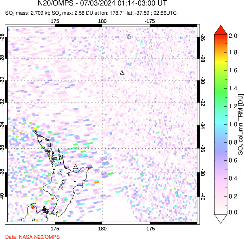 A sulfur dioxide image over New Zealand on Jul 03, 2024.