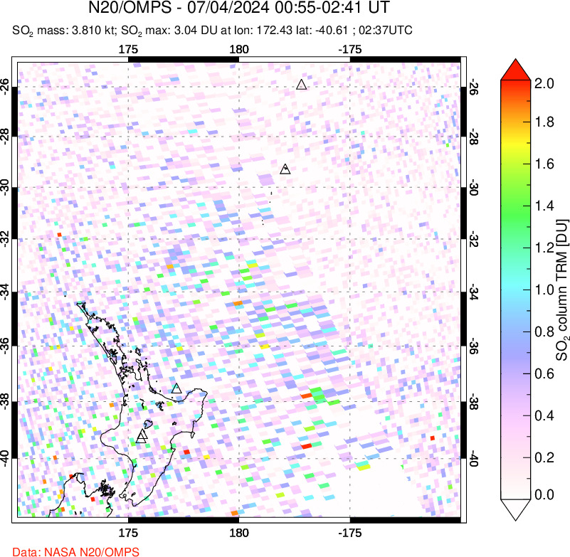 A sulfur dioxide image over New Zealand on Jul 04, 2024.