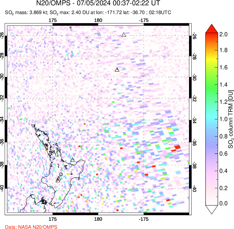 A sulfur dioxide image over New Zealand on Jul 05, 2024.