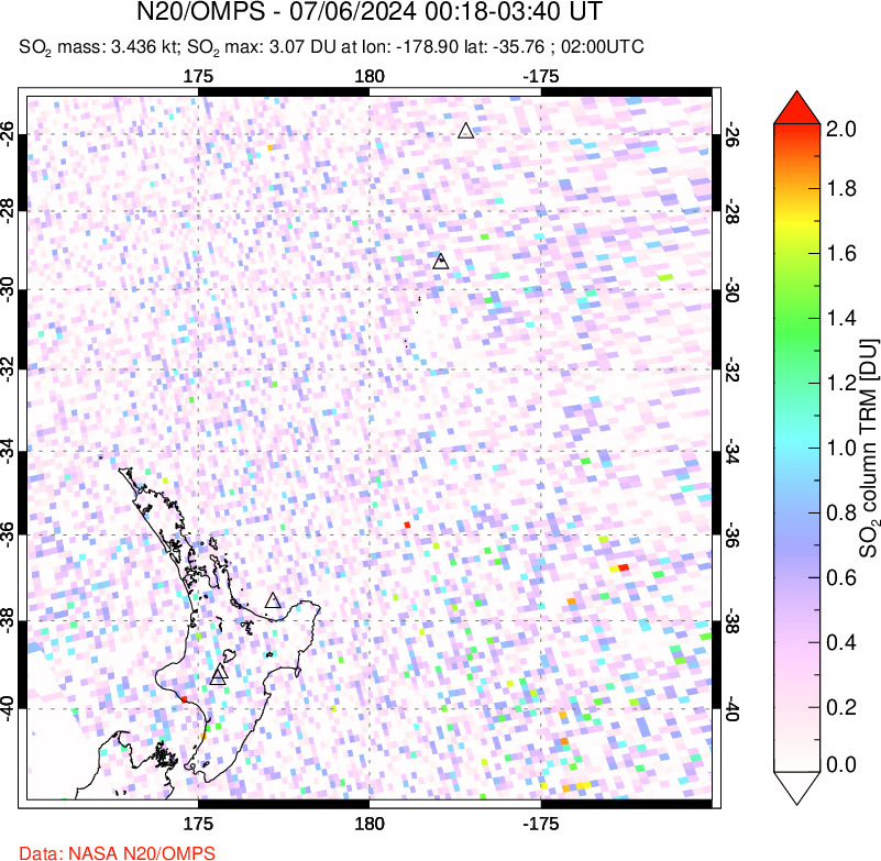 A sulfur dioxide image over New Zealand on Jul 06, 2024.