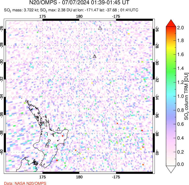 A sulfur dioxide image over New Zealand on Jul 07, 2024.