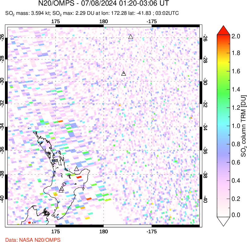 A sulfur dioxide image over New Zealand on Jul 08, 2024.