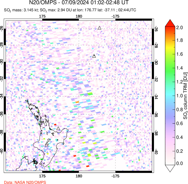 A sulfur dioxide image over New Zealand on Jul 09, 2024.