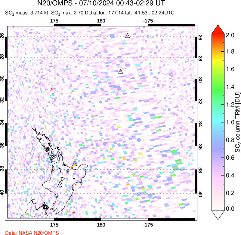 A sulfur dioxide image over New Zealand on Jul 10, 2024.