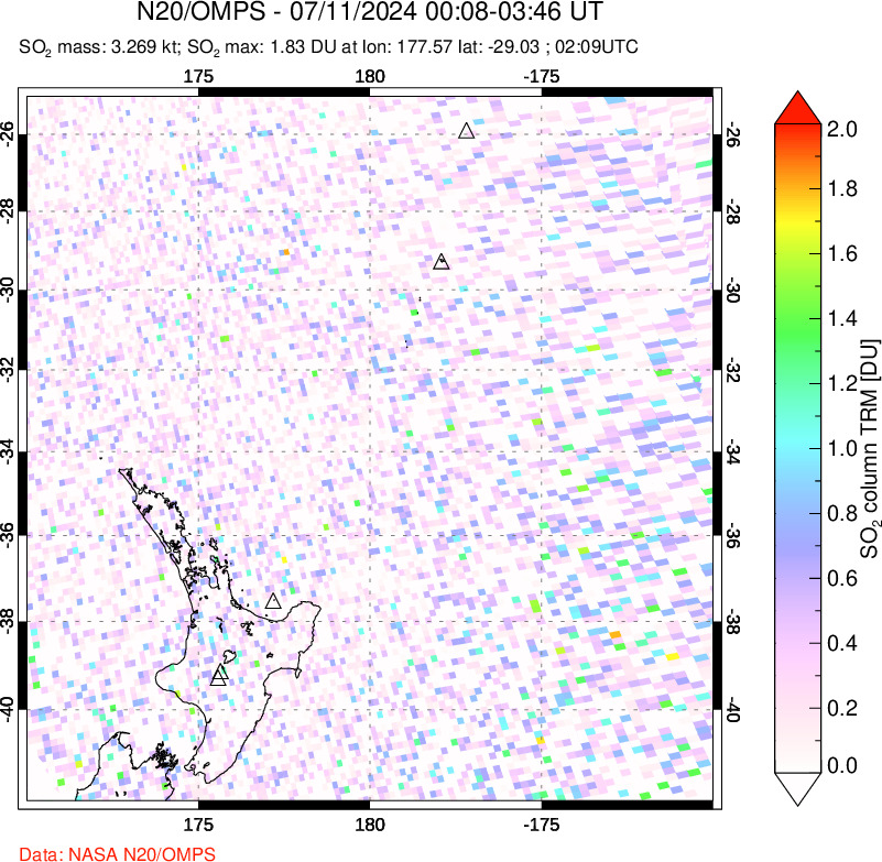 A sulfur dioxide image over New Zealand on Jul 11, 2024.