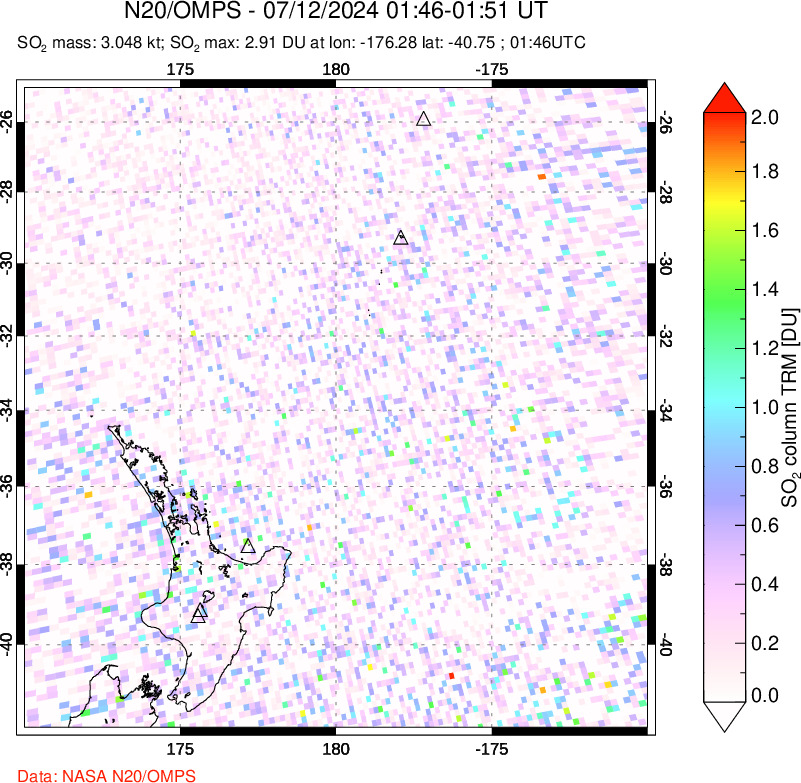 A sulfur dioxide image over New Zealand on Jul 12, 2024.