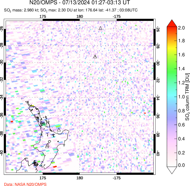 A sulfur dioxide image over New Zealand on Jul 13, 2024.