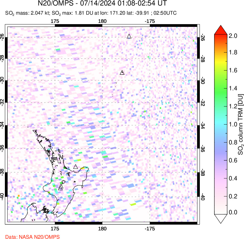 A sulfur dioxide image over New Zealand on Jul 14, 2024.