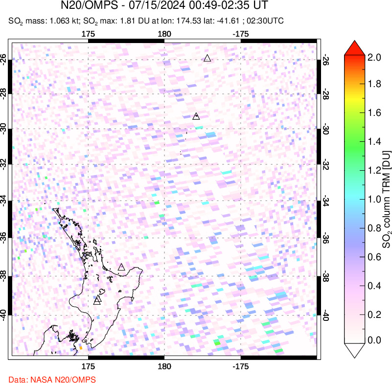 A sulfur dioxide image over New Zealand on Jul 15, 2024.