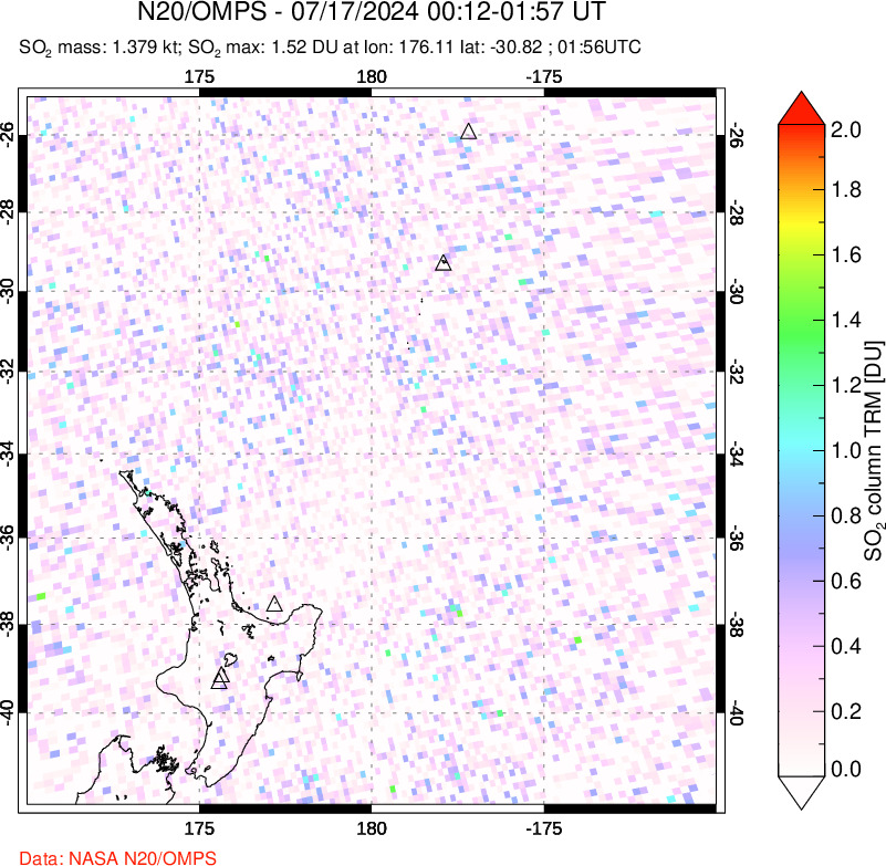 A sulfur dioxide image over New Zealand on Jul 17, 2024.