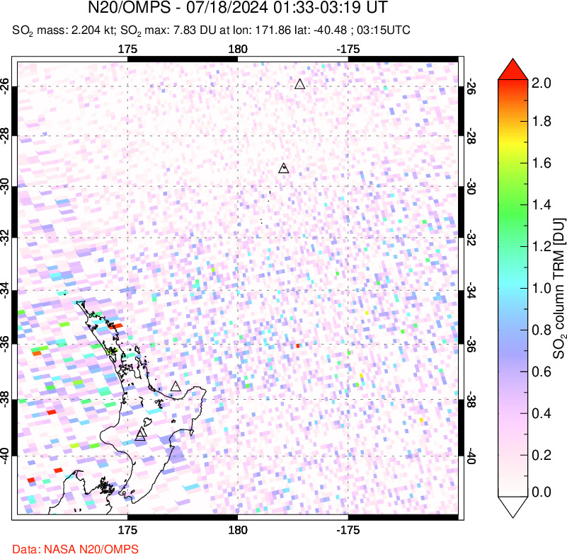 A sulfur dioxide image over New Zealand on Jul 18, 2024.