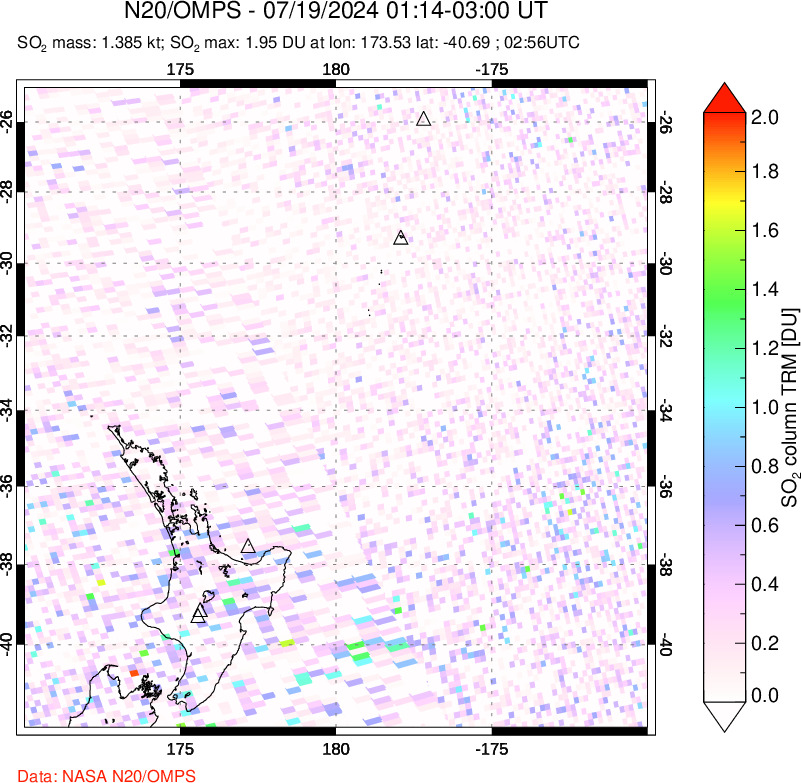 A sulfur dioxide image over New Zealand on Jul 19, 2024.