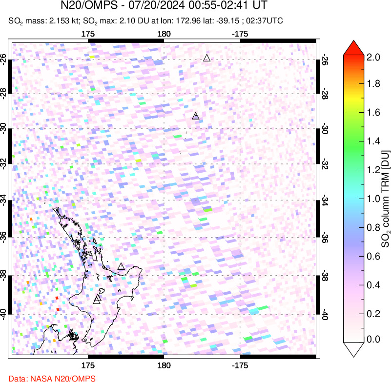 A sulfur dioxide image over New Zealand on Jul 20, 2024.