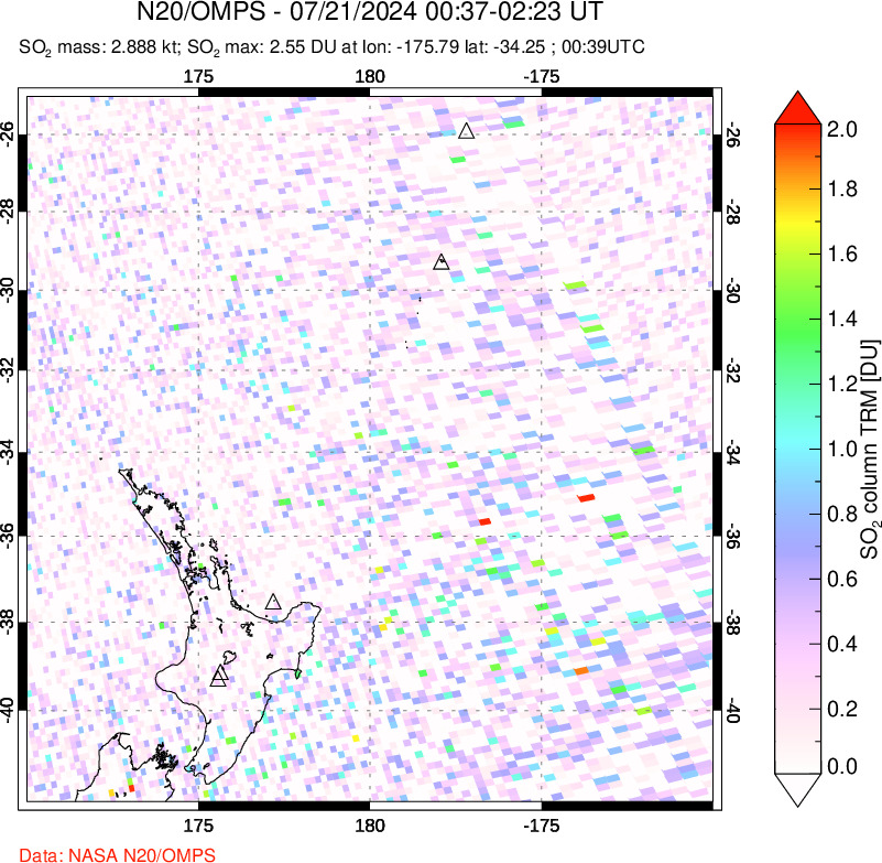 A sulfur dioxide image over New Zealand on Jul 21, 2024.