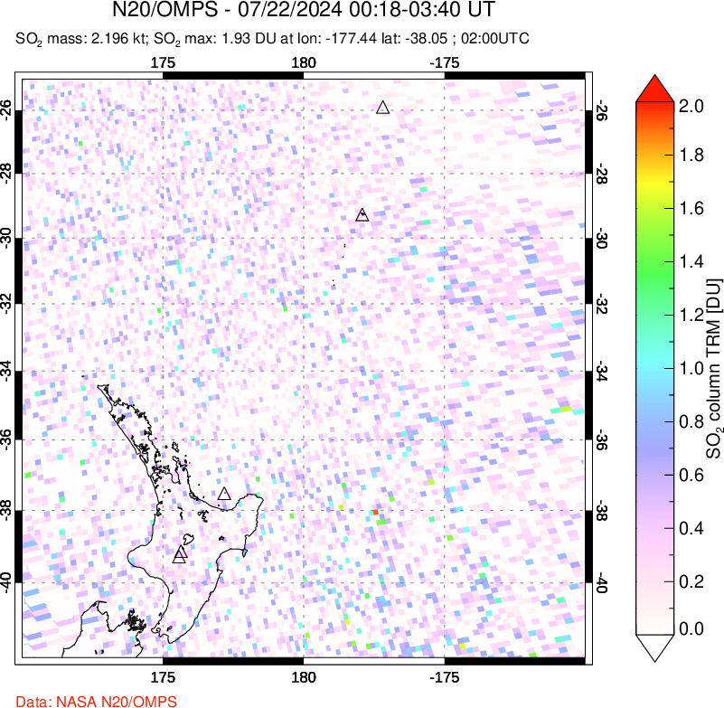 A sulfur dioxide image over New Zealand on Jul 22, 2024.