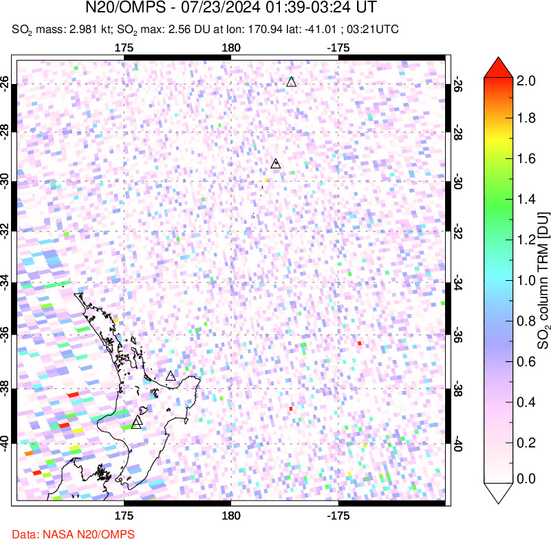 A sulfur dioxide image over New Zealand on Jul 23, 2024.