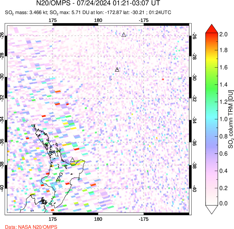 A sulfur dioxide image over New Zealand on Jul 24, 2024.