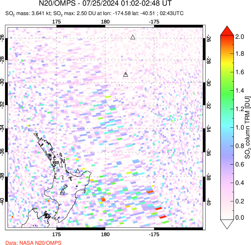 A sulfur dioxide image over New Zealand on Jul 25, 2024.