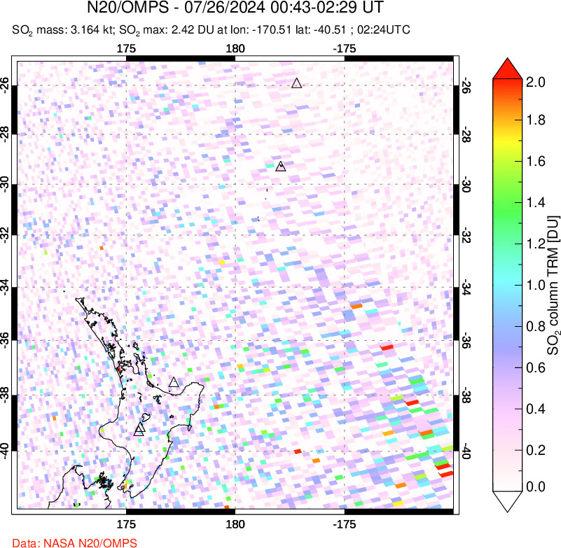 A sulfur dioxide image over New Zealand on Jul 26, 2024.