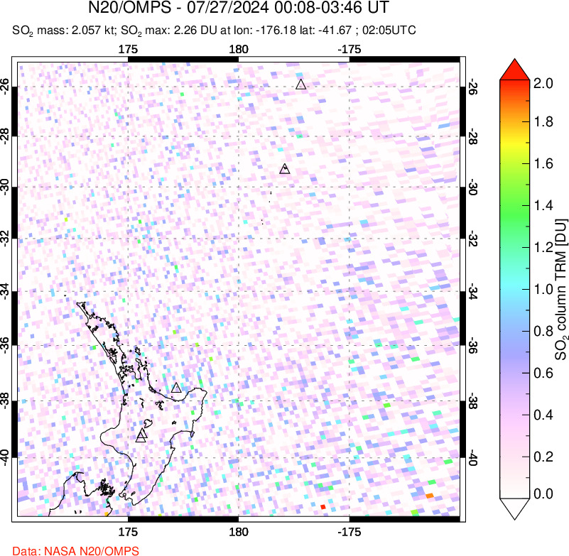 A sulfur dioxide image over New Zealand on Jul 27, 2024.