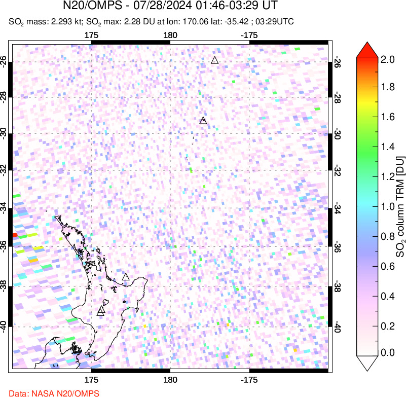 A sulfur dioxide image over New Zealand on Jul 28, 2024.