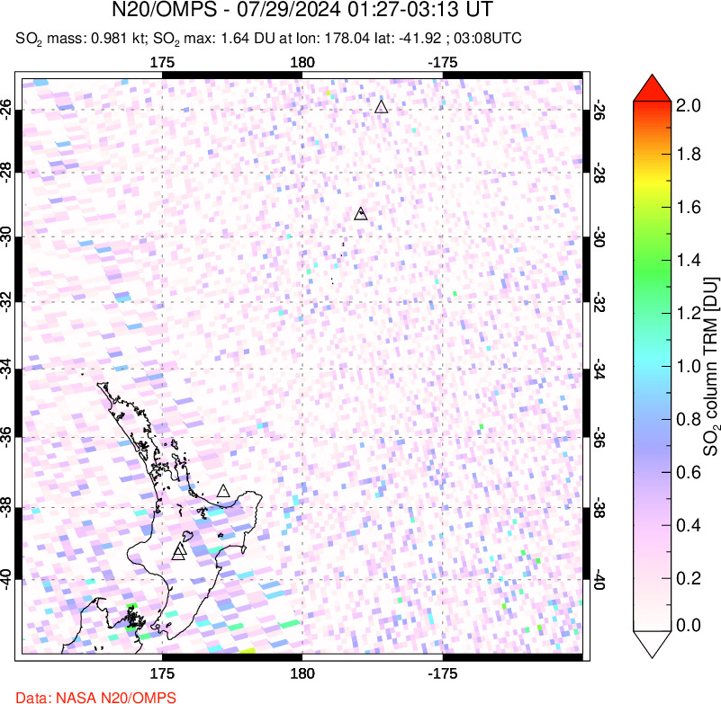 A sulfur dioxide image over New Zealand on Jul 29, 2024.