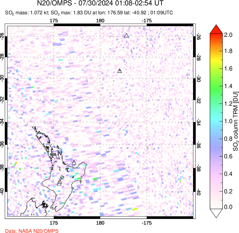 A sulfur dioxide image over New Zealand on Jul 30, 2024.