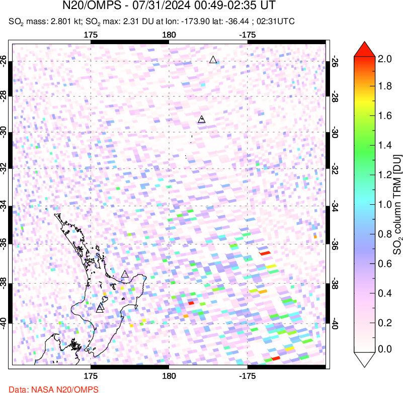 A sulfur dioxide image over New Zealand on Jul 31, 2024.