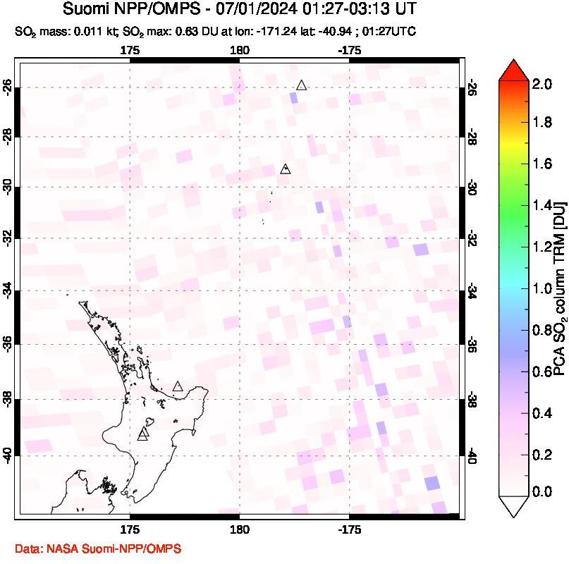 A sulfur dioxide image over New Zealand on Jul 01, 2024.