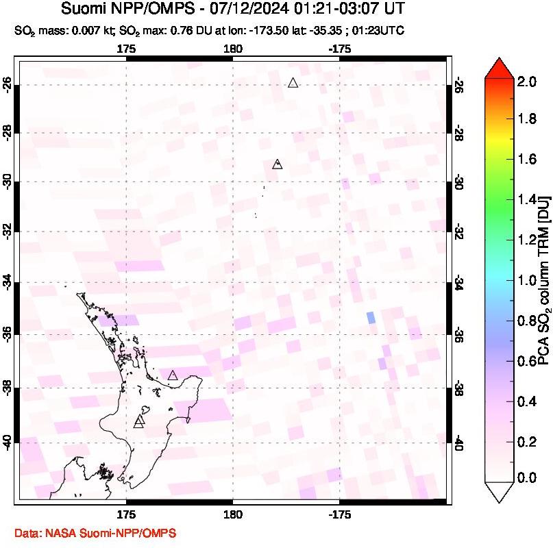 A sulfur dioxide image over New Zealand on Jul 12, 2024.