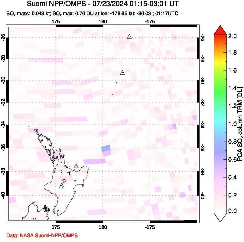 A sulfur dioxide image over New Zealand on Jul 23, 2024.