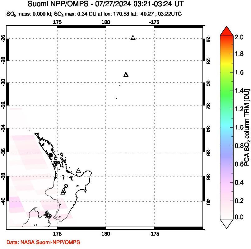 A sulfur dioxide image over New Zealand on Jul 27, 2024.