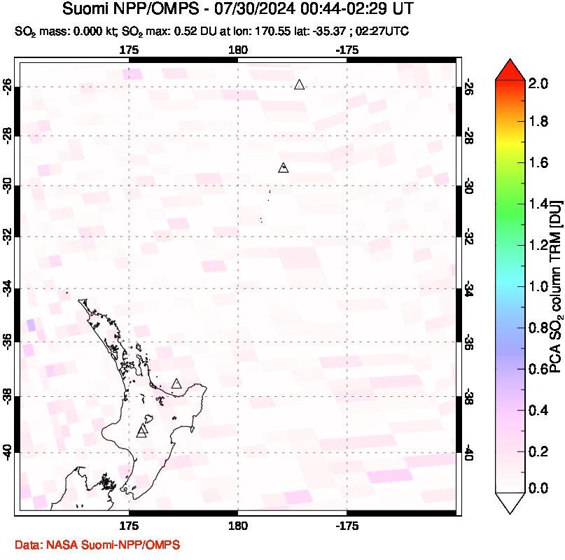 A sulfur dioxide image over New Zealand on Jul 30, 2024.