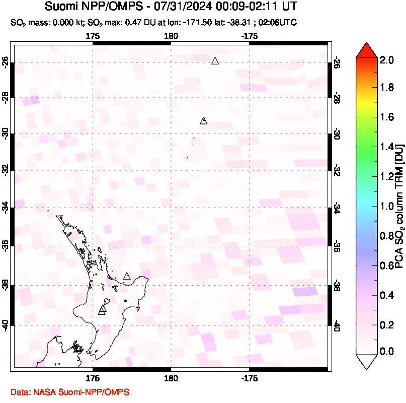 A sulfur dioxide image over New Zealand on Jul 31, 2024.