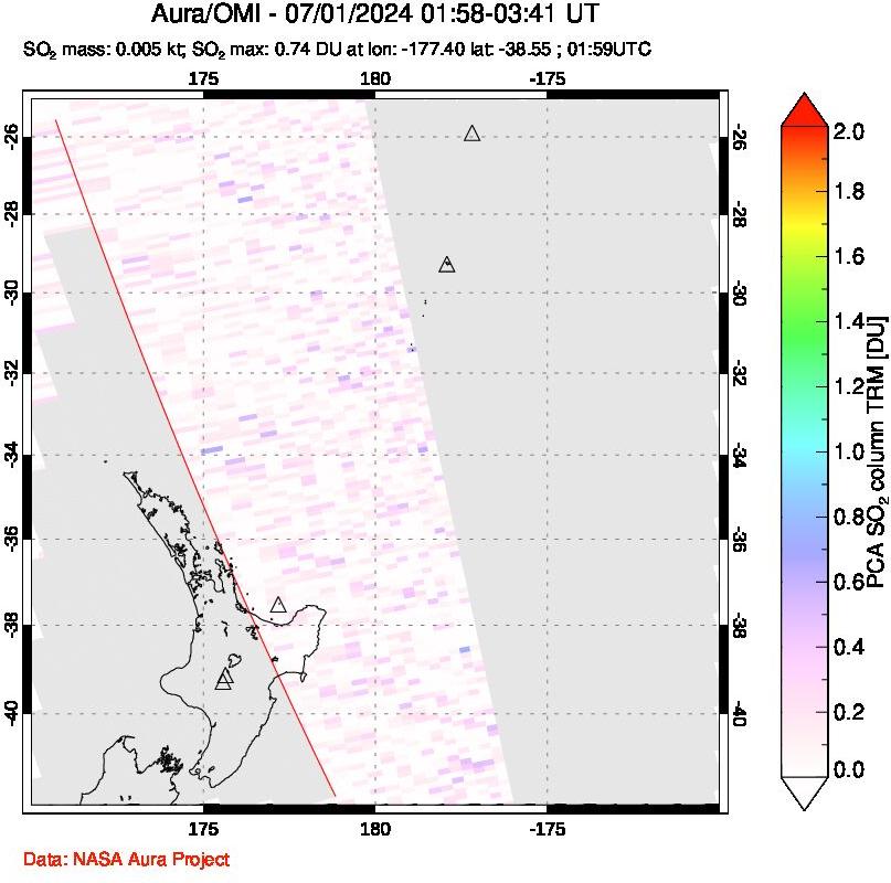 A sulfur dioxide image over New Zealand on Jul 01, 2024.