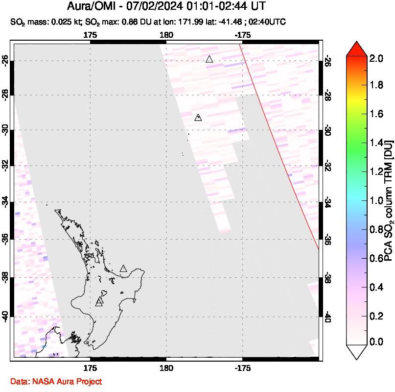 A sulfur dioxide image over New Zealand on Jul 02, 2024.