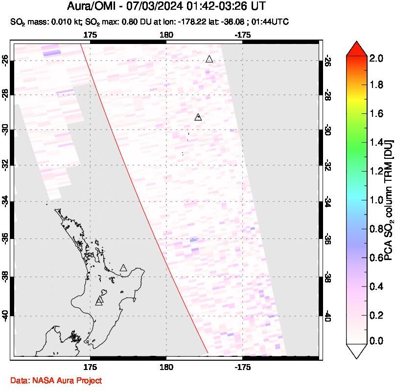 A sulfur dioxide image over New Zealand on Jul 03, 2024.