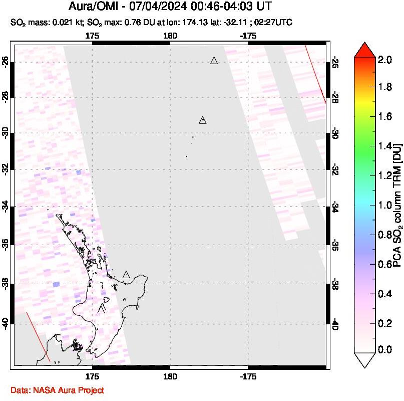 A sulfur dioxide image over New Zealand on Jul 04, 2024.