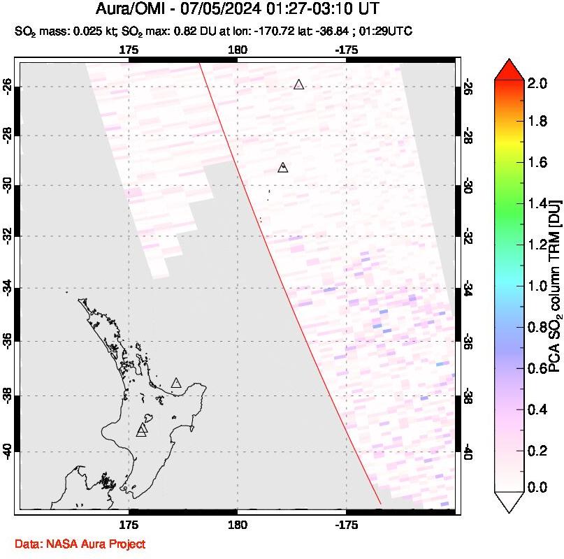 A sulfur dioxide image over New Zealand on Jul 05, 2024.