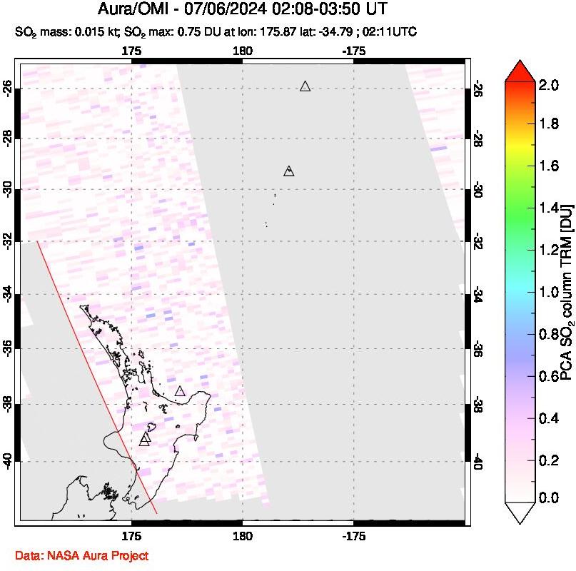 A sulfur dioxide image over New Zealand on Jul 06, 2024.