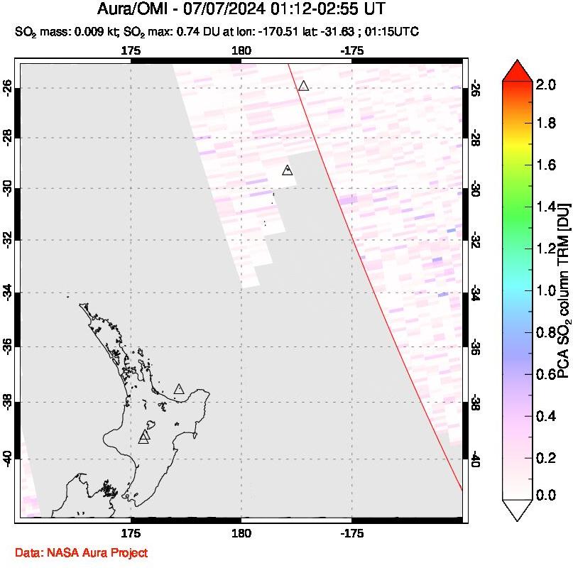 A sulfur dioxide image over New Zealand on Jul 07, 2024.