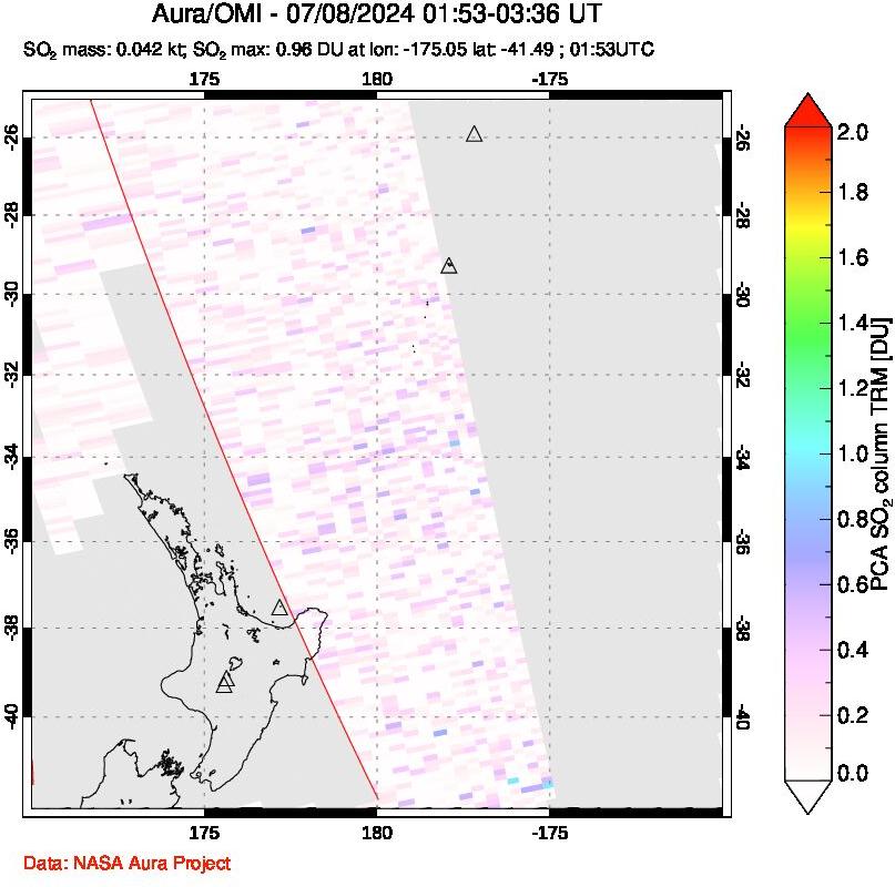 A sulfur dioxide image over New Zealand on Jul 08, 2024.