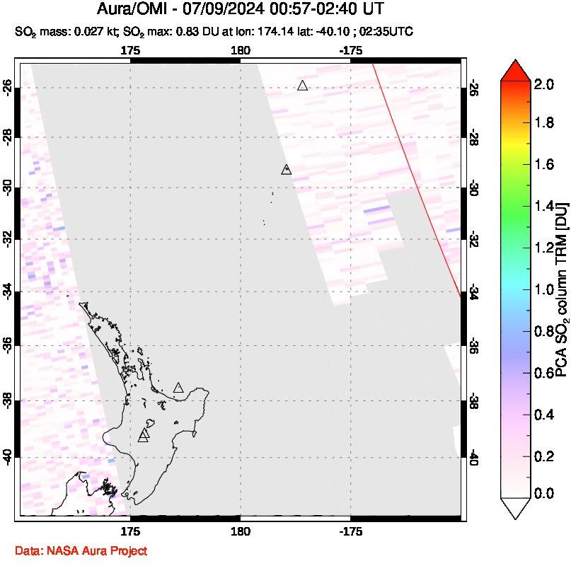 A sulfur dioxide image over New Zealand on Jul 09, 2024.