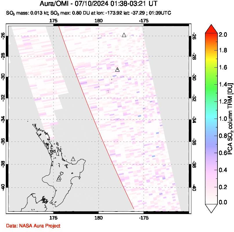 A sulfur dioxide image over New Zealand on Jul 10, 2024.