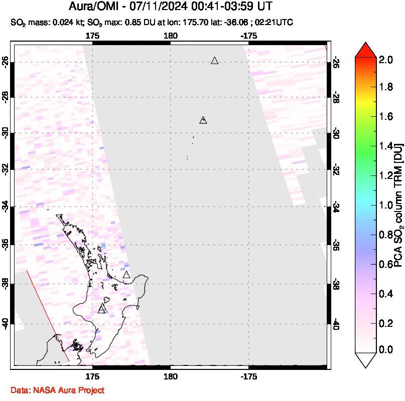 A sulfur dioxide image over New Zealand on Jul 11, 2024.