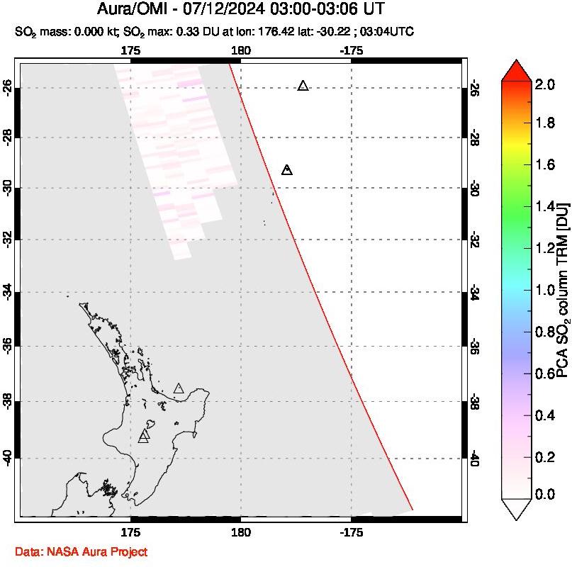 A sulfur dioxide image over New Zealand on Jul 12, 2024.