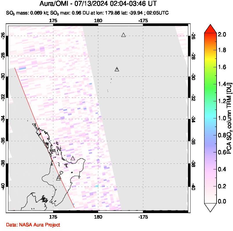 A sulfur dioxide image over New Zealand on Jul 13, 2024.