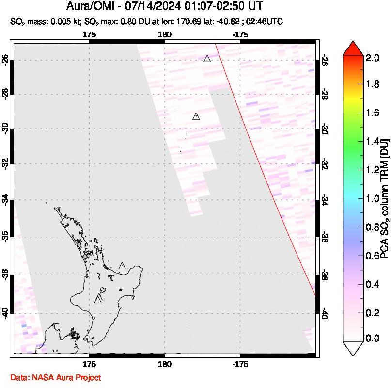 A sulfur dioxide image over New Zealand on Jul 14, 2024.