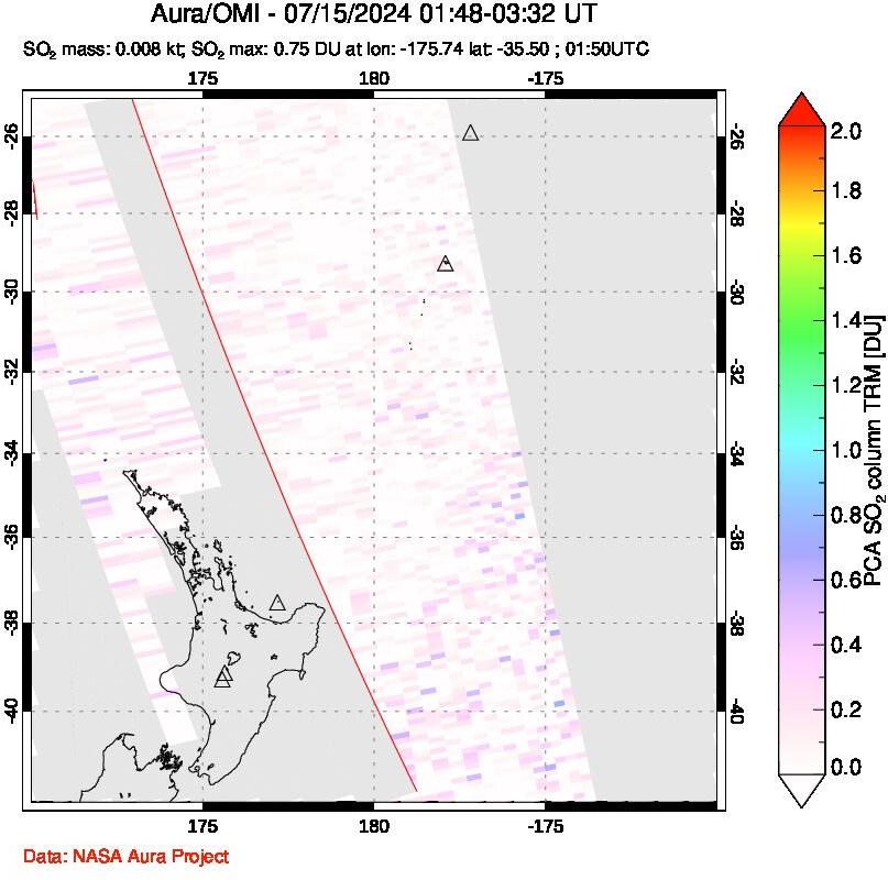 A sulfur dioxide image over New Zealand on Jul 15, 2024.